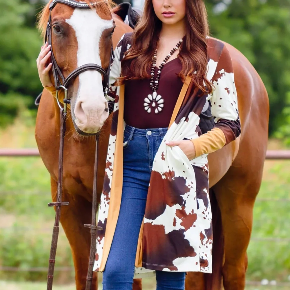 Cow Print Long Cardigan with‎ Tan and Brown Accents NWT